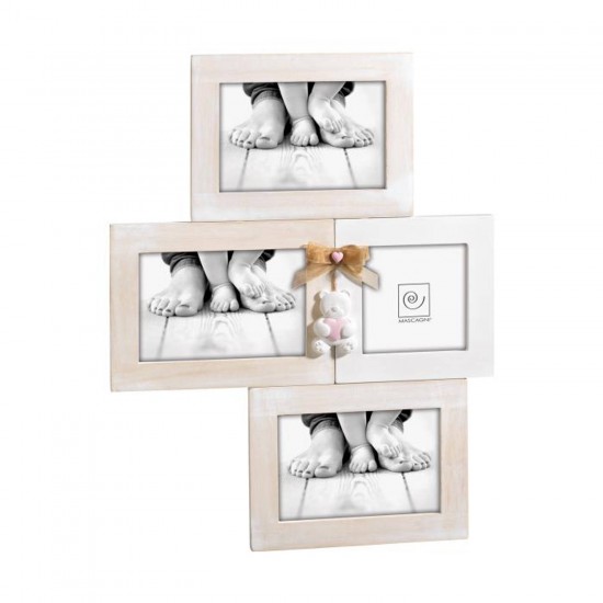 Mascagni Multi baby fotolijst hout met roze teddybeer en strik voor 1 foto 10x10 en 3 foto's 10x15 WC A958